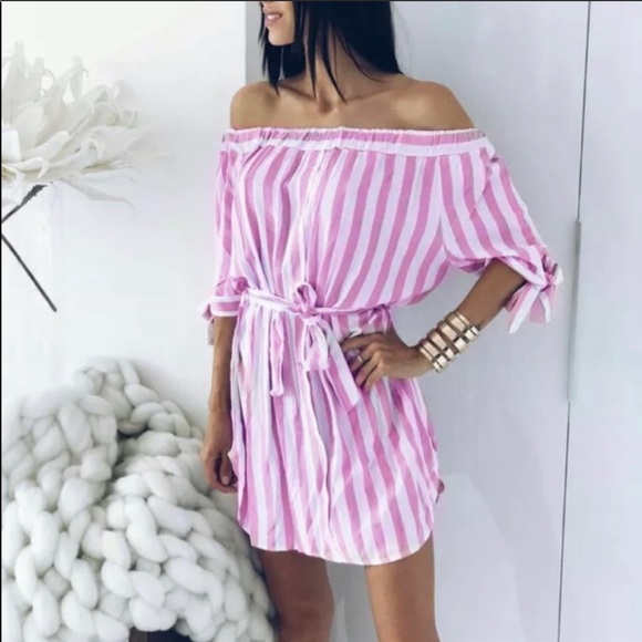 Dresses & Skirts - Off-Shoulder Striped Belted Shirt Dress